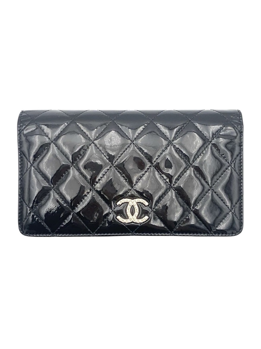 CHANEL Black Quilted Patent Leather Wallet with CC Logo